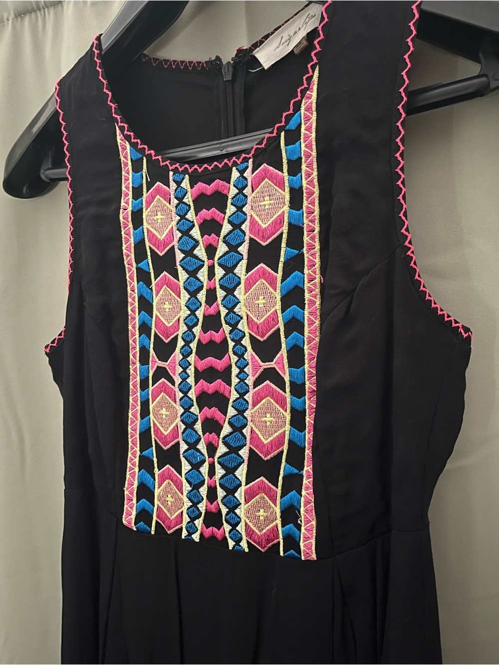 Sugarlips Black Maxi Dress with Pink & Blue Embroidered Front